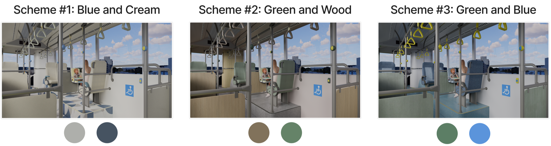 Three bus interior colour concepts modelled in SketchUp