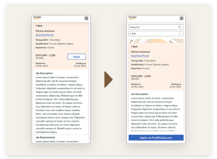 Before and after of the mobile job detail, the small inline Apply button becomes a full-width Apply bar