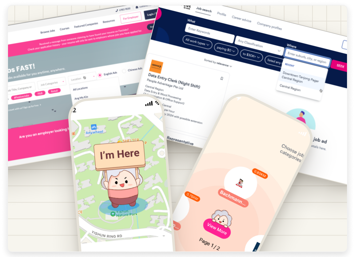 Collage of FastJobs, JobStreet and FindJobs screens from the competitor audit