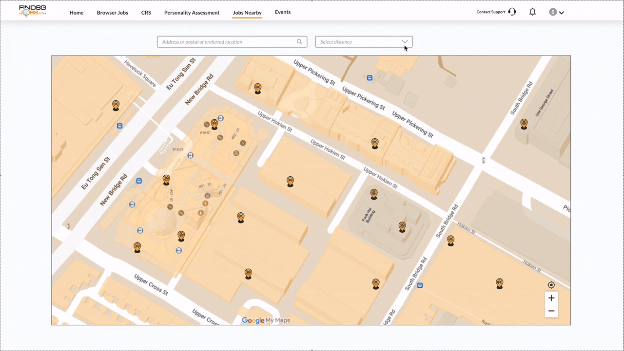 Jobs Nearby map view with location field, distance selector and clustered job markers