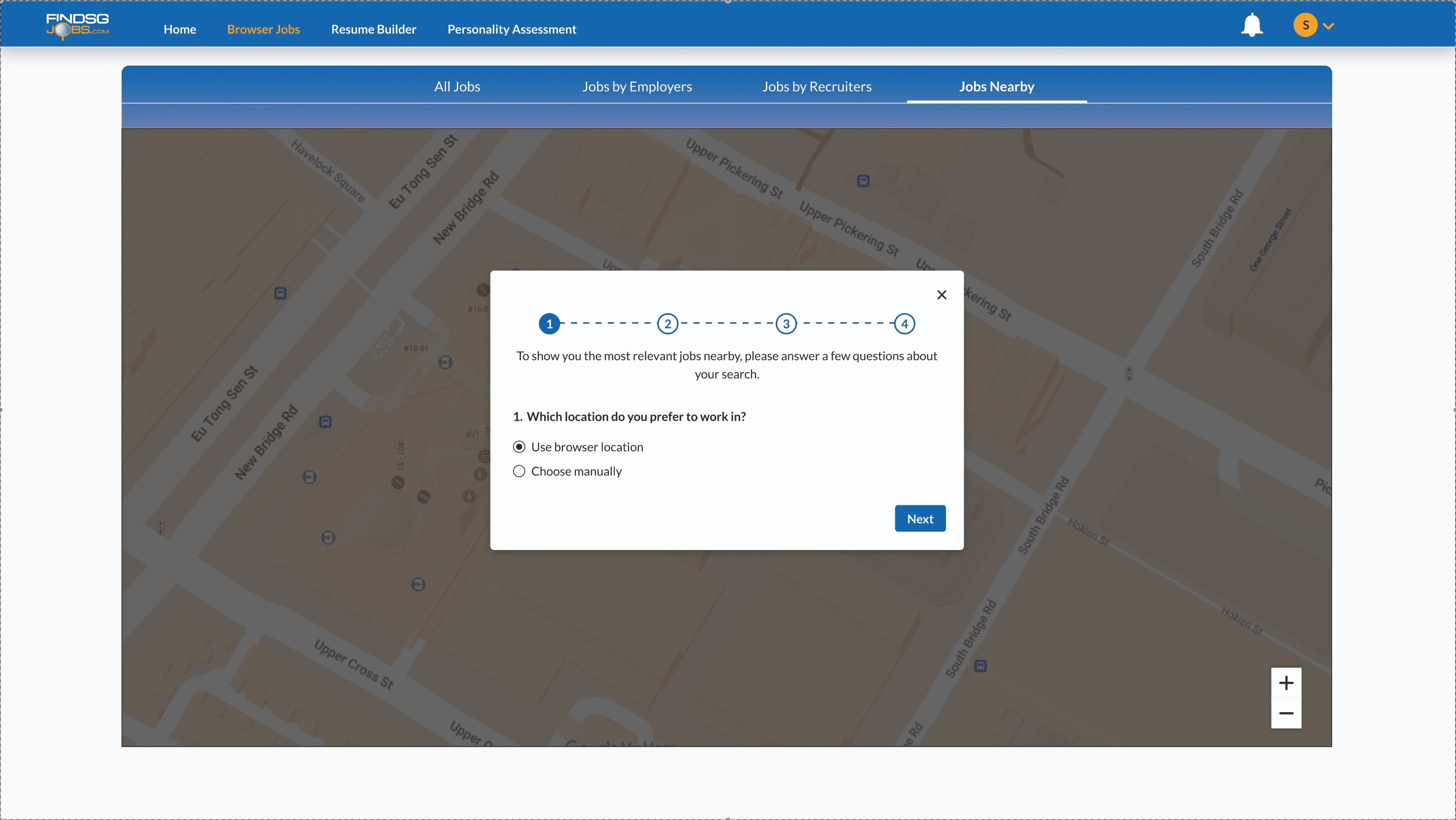 Stepped search flow, a four-step dialog asks for preferred location before jobs load onto the map