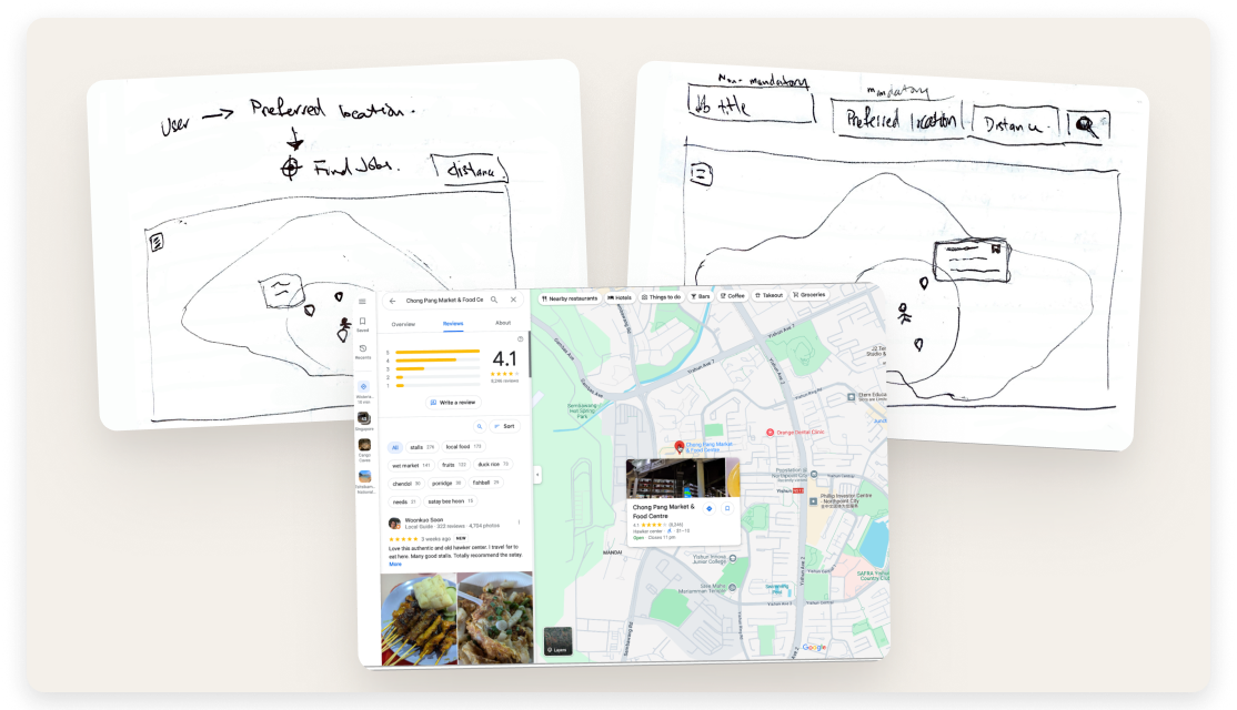 Hand-drawn sketches of the Jobs Nearby flow alongside Google Maps reference